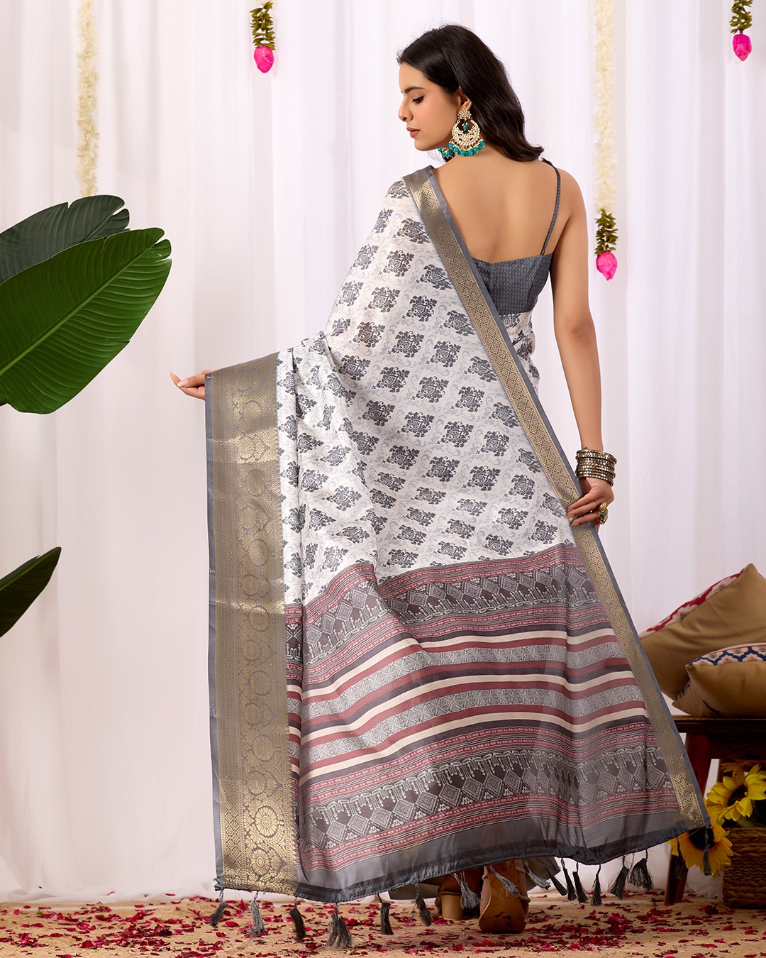 White Soft Banarasi Silk Black Ethnic Motifs Gold Zari Border Saree