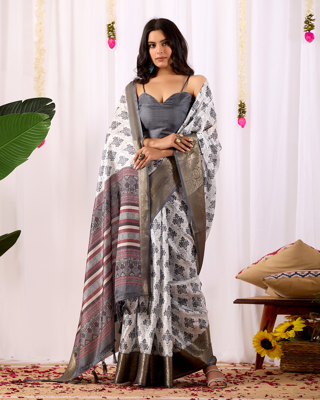 White Soft Banarasi Silk Black Ethnic Motifs Gold Zari Border Saree