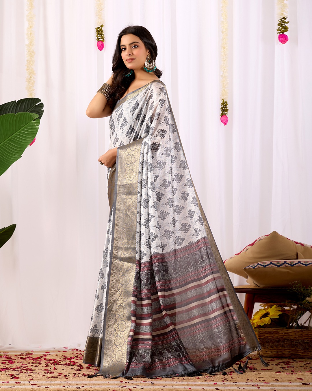 White Soft Banarasi Silk Black Ethnic Motifs Gold Zari Border Saree