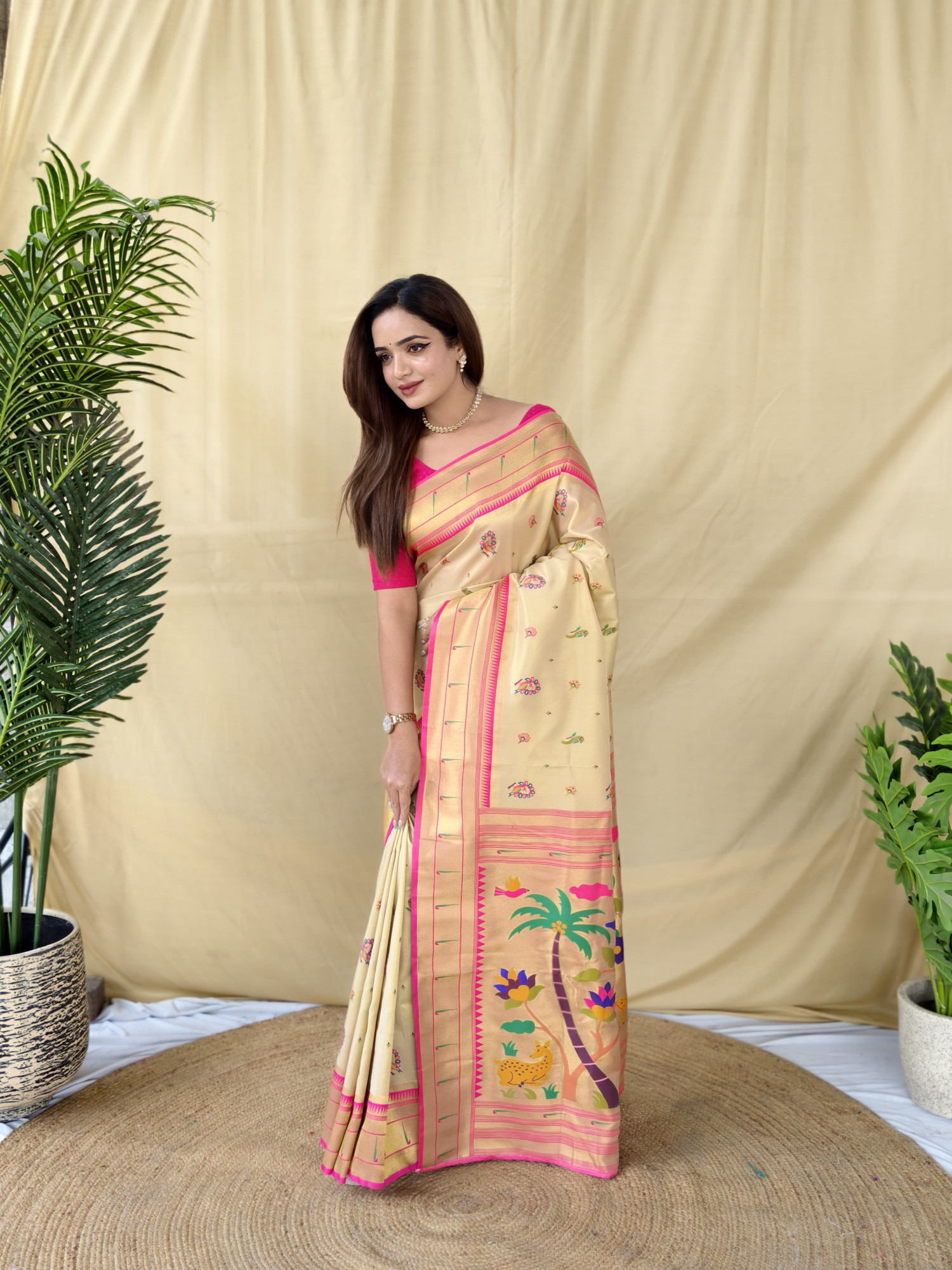 Cream Pure Banarasi Paithani Tissue Silk Zari Meena Weaved Saree