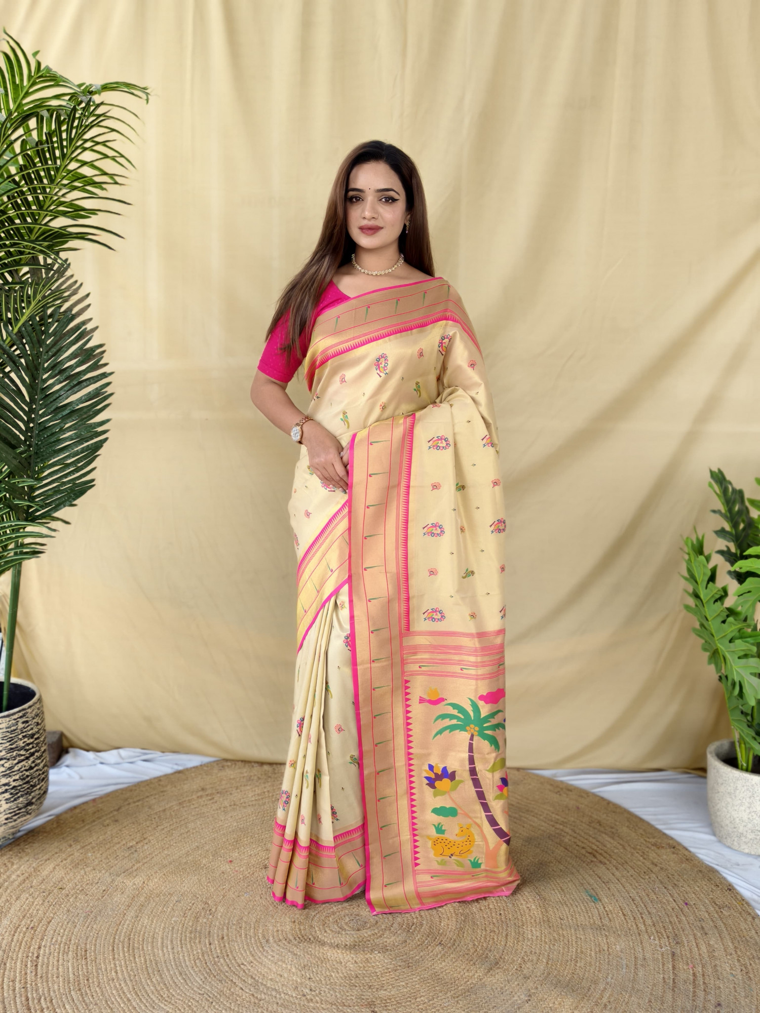 Cream Pure Banarasi Paithani Tissue Silk Zari Meena Weaved Saree