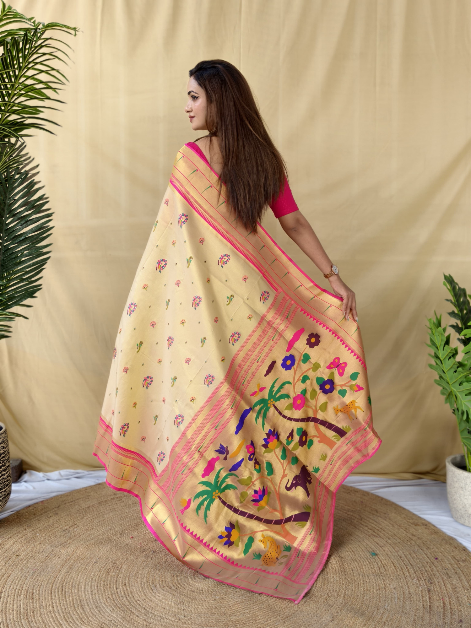 Cream Pure Banarasi Paithani Tissue Silk Zari Meena Weaved Saree
