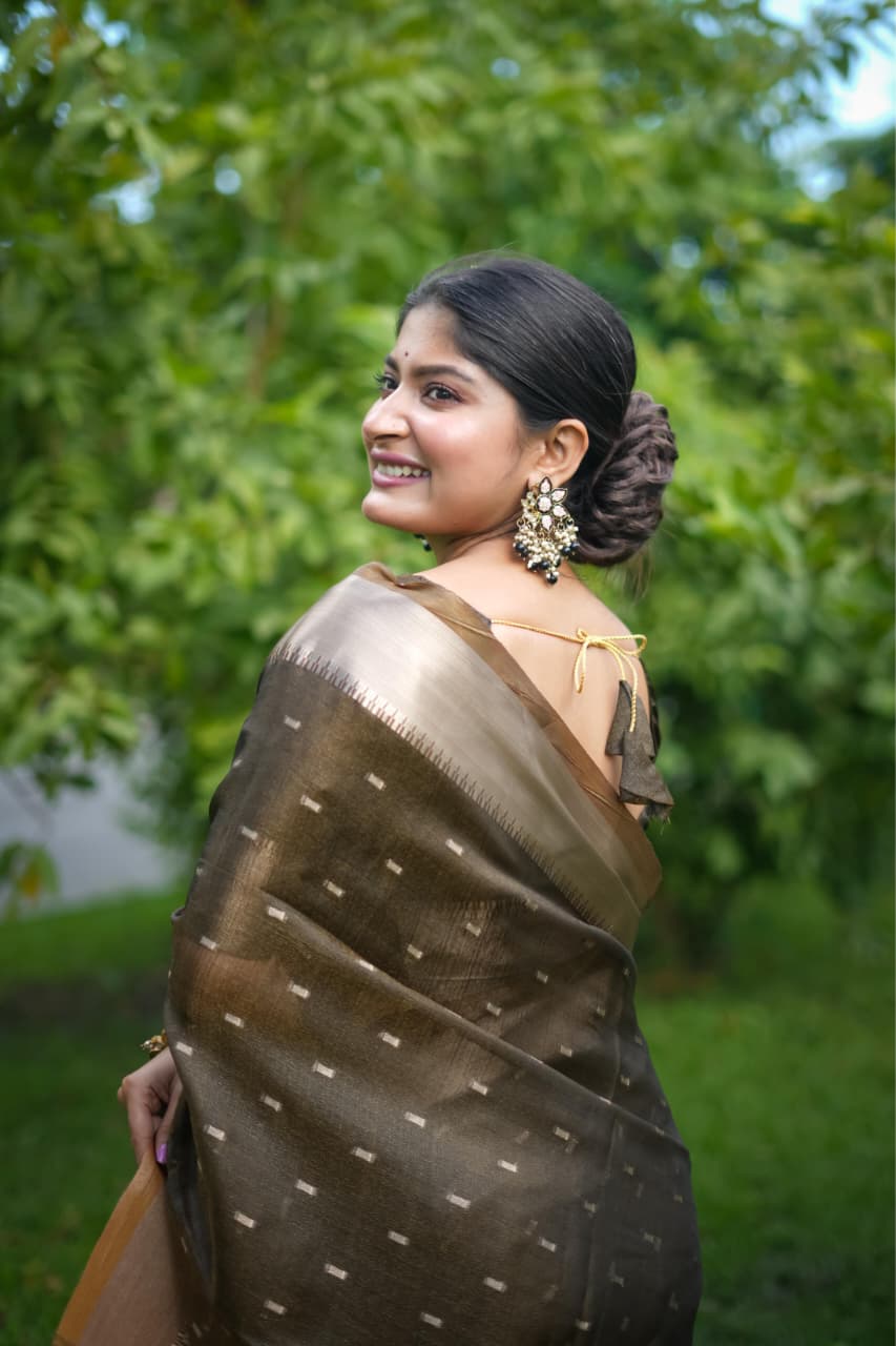 Dark Mehendi Soft Silk All Over Zari Booti Pallu Border Saree