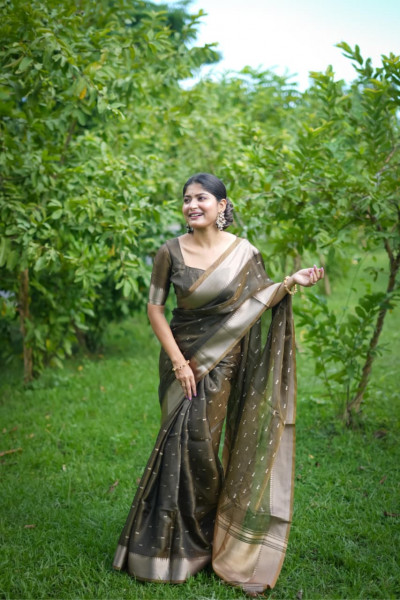 Image of Dark Mehendi Soft Silk All Over Zari Booti Pallu Border Saree