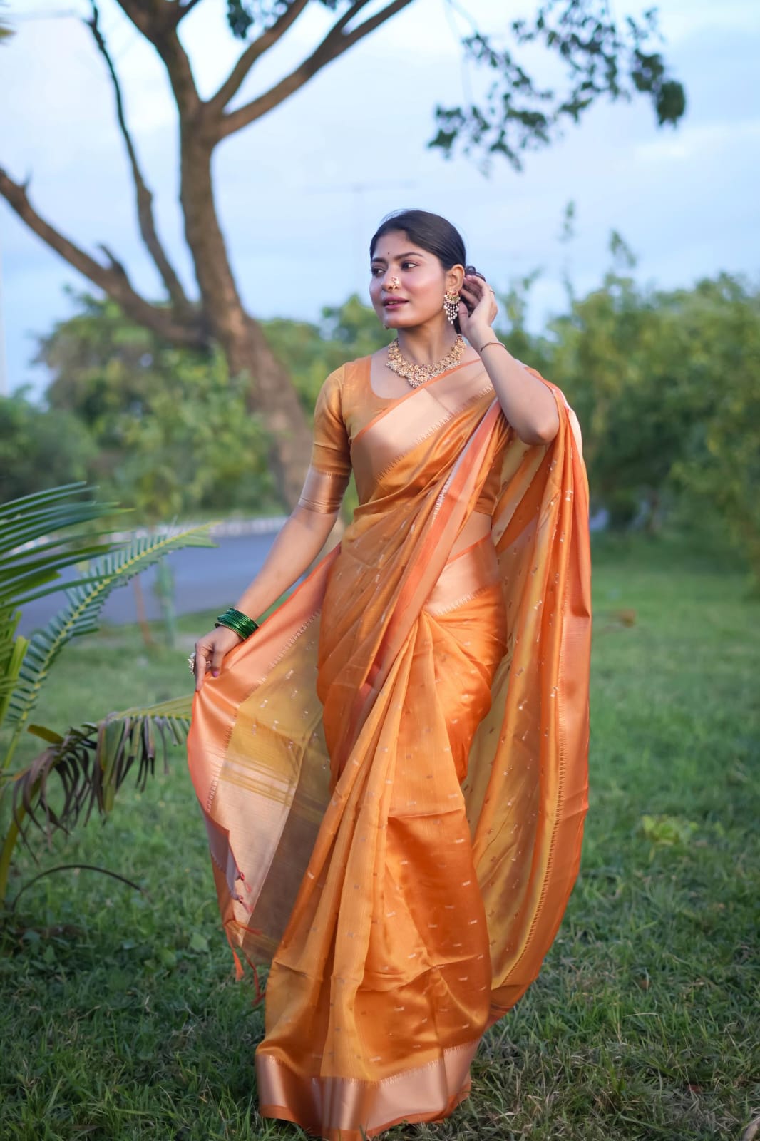 Gold Soft Silk All Over Zari Booti Pallu Border Saree