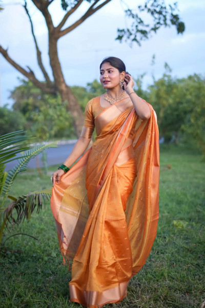 Image of Gold Soft Silk All Over Zari Booti Pallu Border Saree