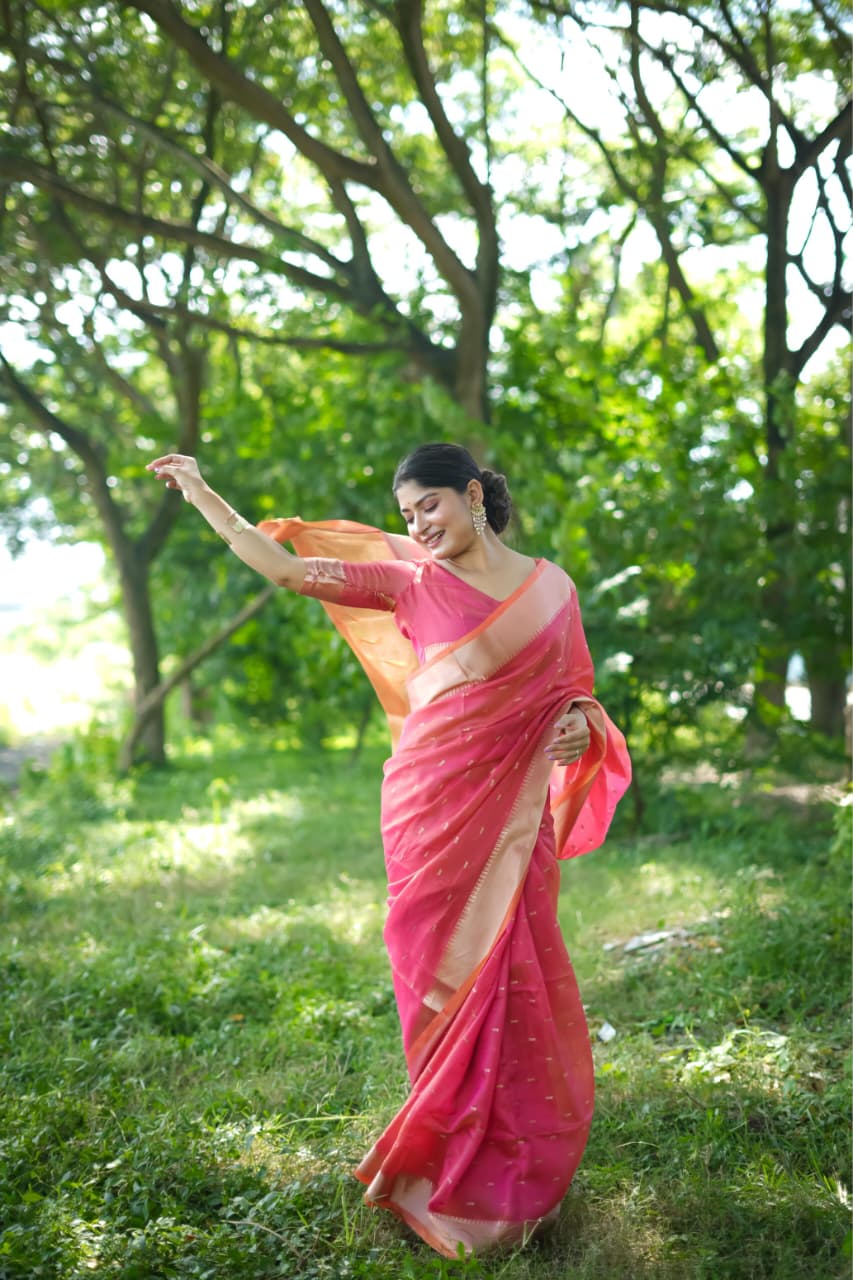 Pink Soft Silk All Over Zari Booti Pallu Border Saree