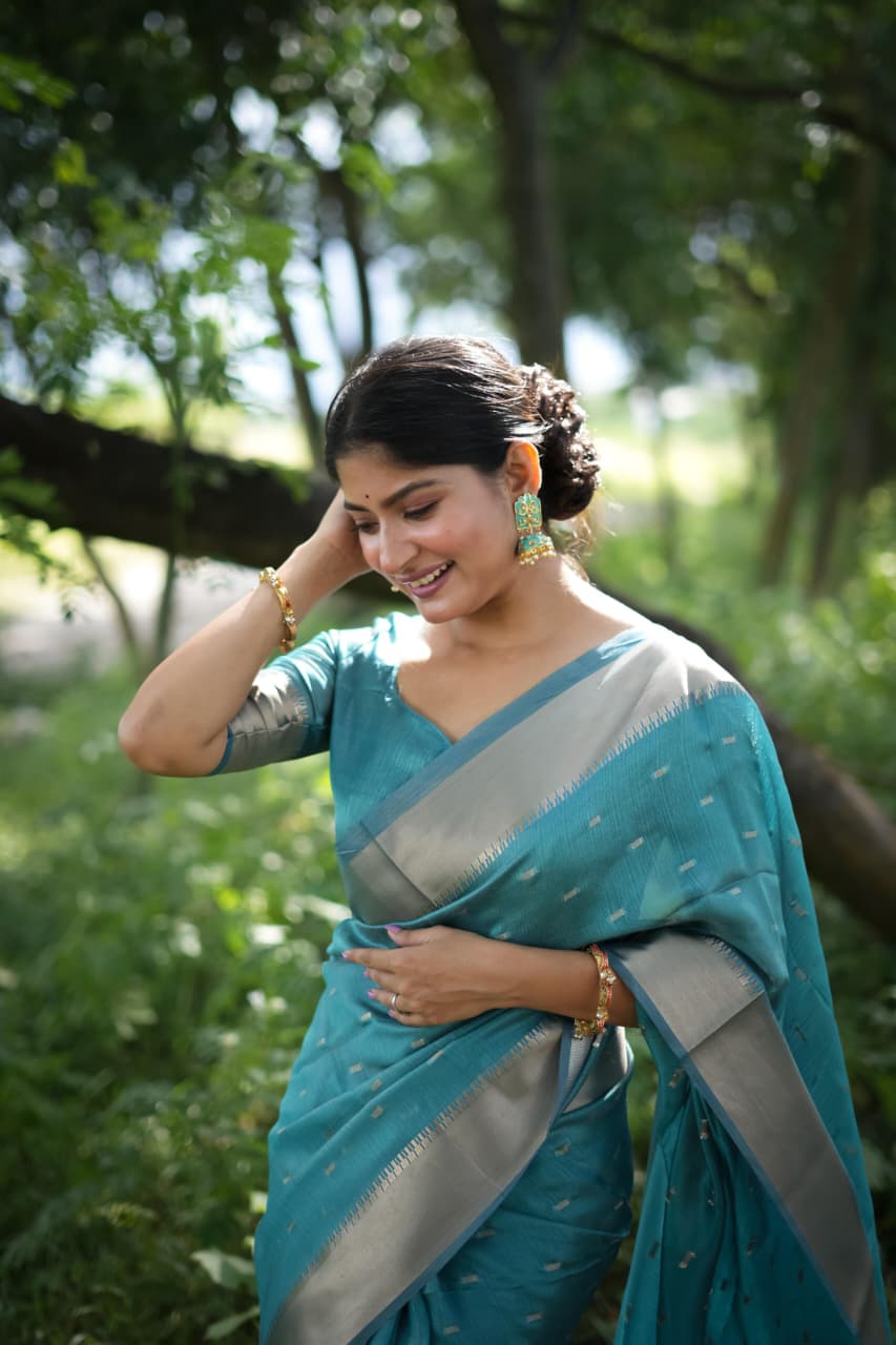 Teal Soft Silk All Over Zari Booti Pallu Border Saree