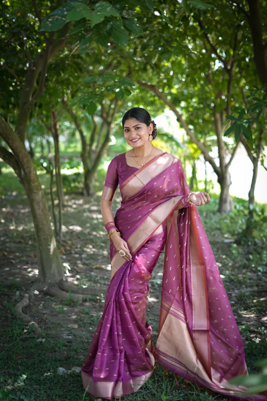 Purple Soft Silk All Over Zari Booti Pallu Border Saree