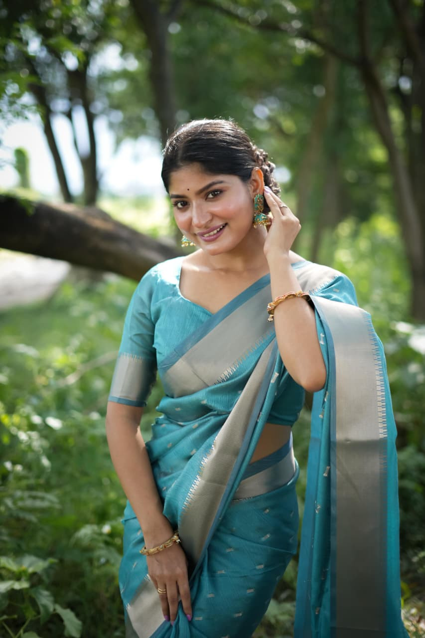 Teal Soft Silk All Over Zari Booti Pallu Border Saree