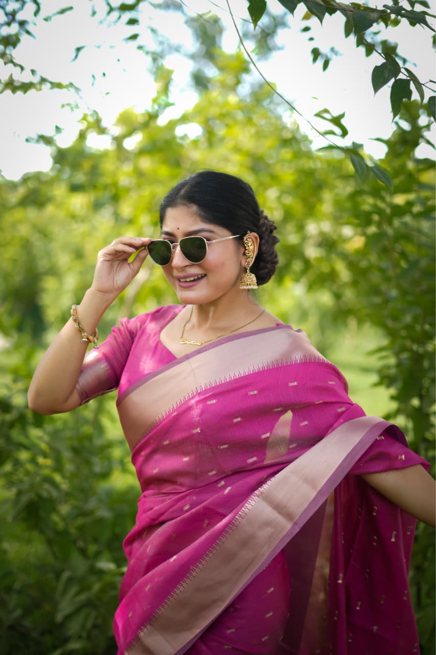 Magenta Soft Silk All Over Zari Booti Pallu Border Saree