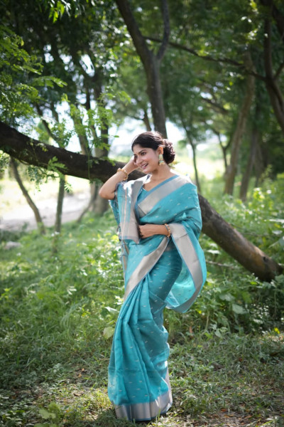 Image of Teal Soft Silk All Over Zari Booti Pallu Border Saree