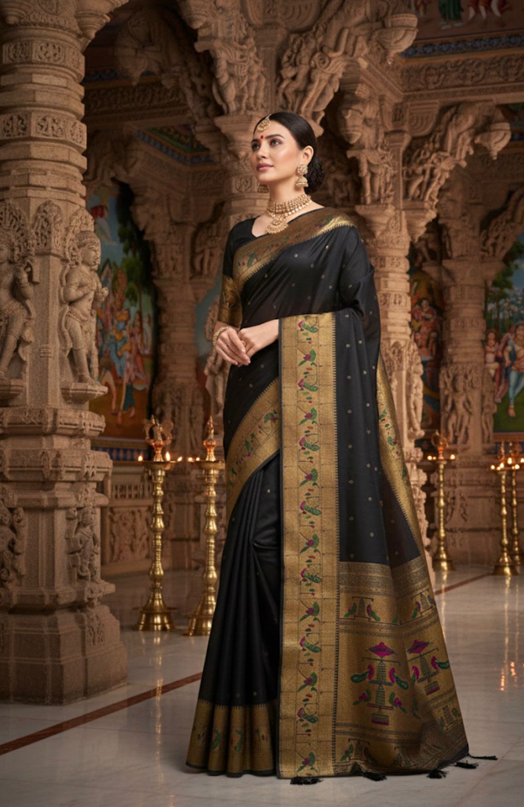 Black Dola Paithani Silk Rich Zari Weaved Pallu Floral Border Saree