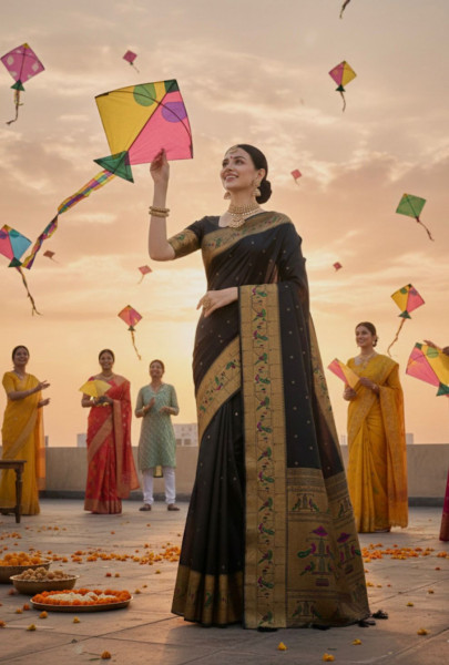 Image of Black Dola Paithani Silk Rich Zari Weaved Pallu Floral Border Saree