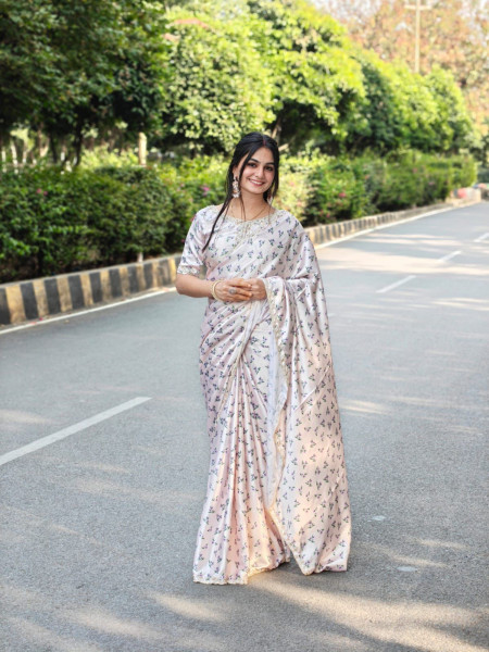 Image of Off-White Japan Satin Silk Digital Printed  Khatli Arco Border Saree