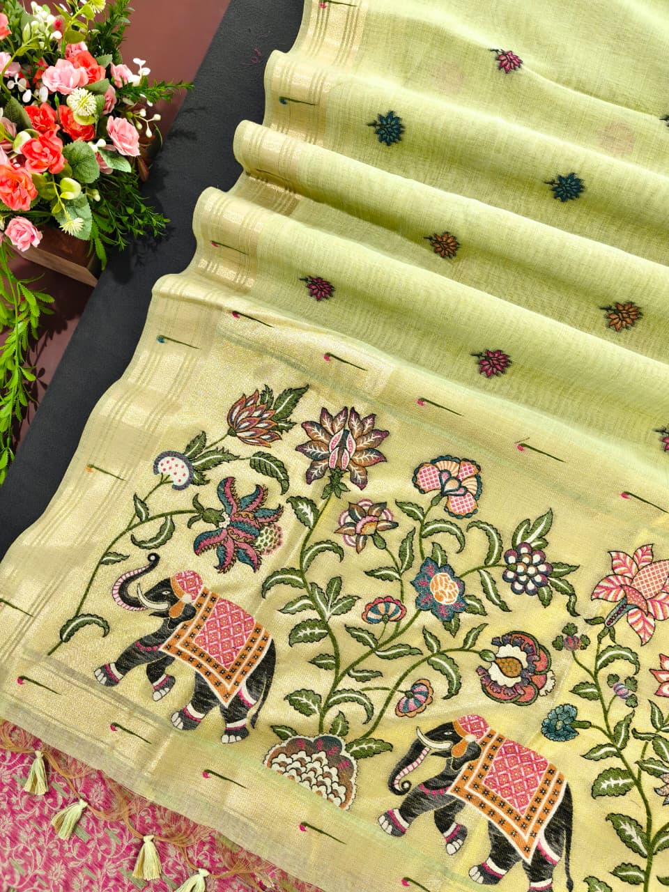 Olive Green Premium Muga Cotton Paithani Resham Weaved Saree