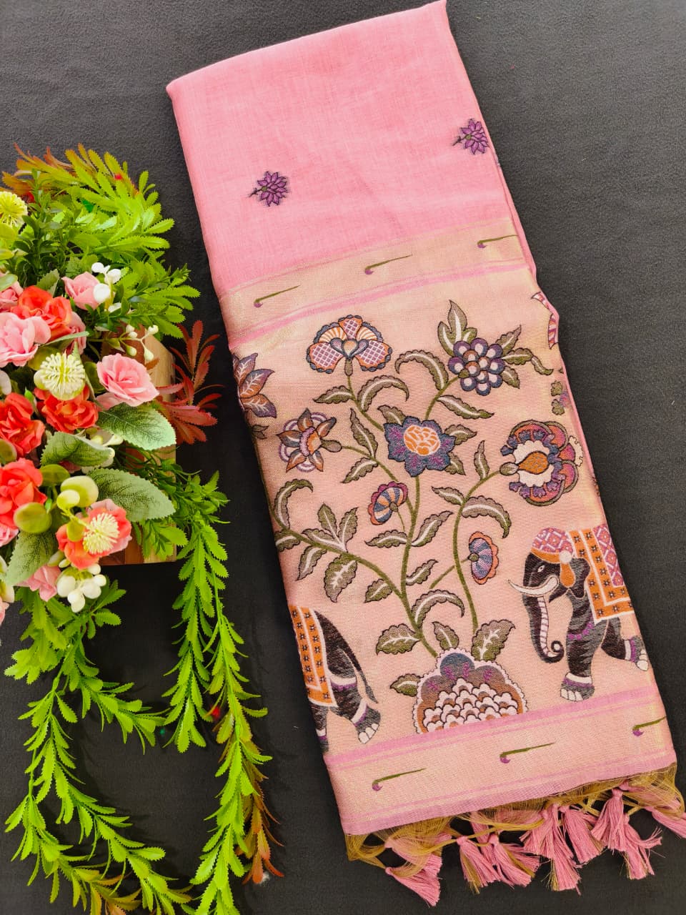 Pink Premium Muga Cotton Paithani Resham Weaved Saree