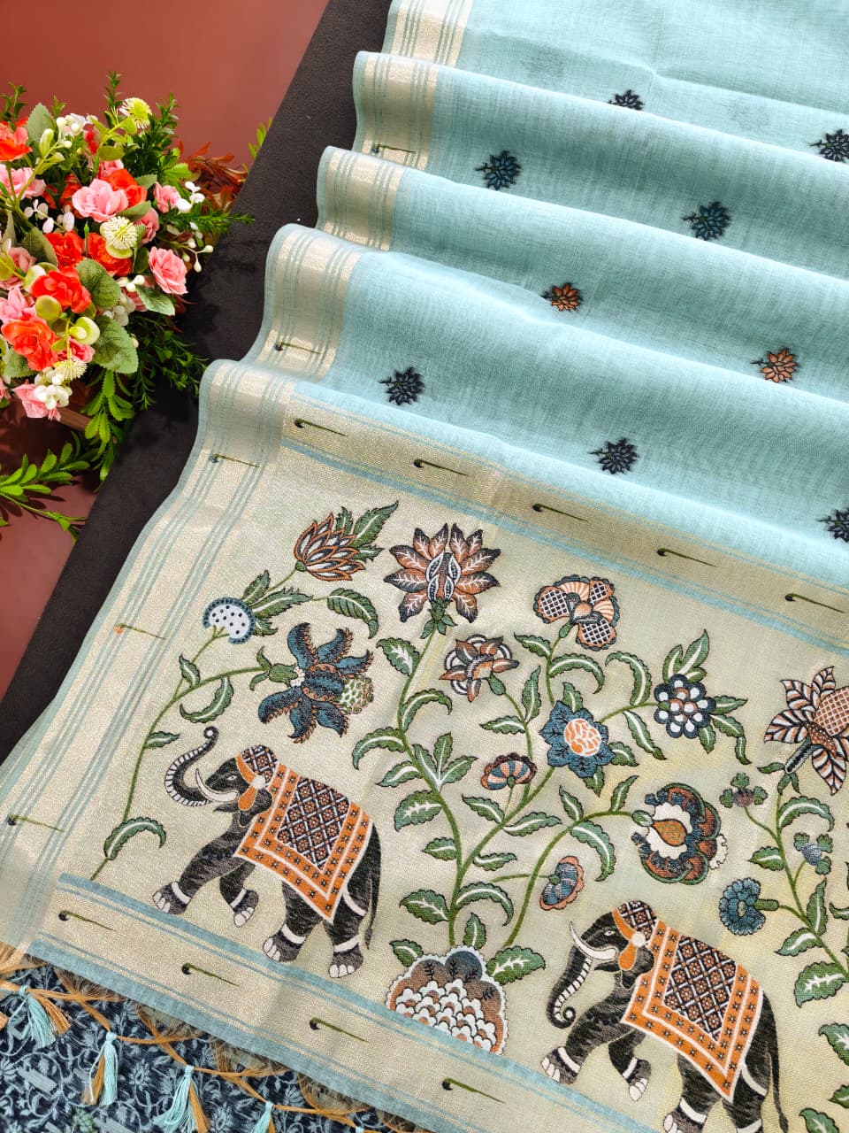 Sky Blue Premium Muga Cotton Paithani Resham Weaved Saree