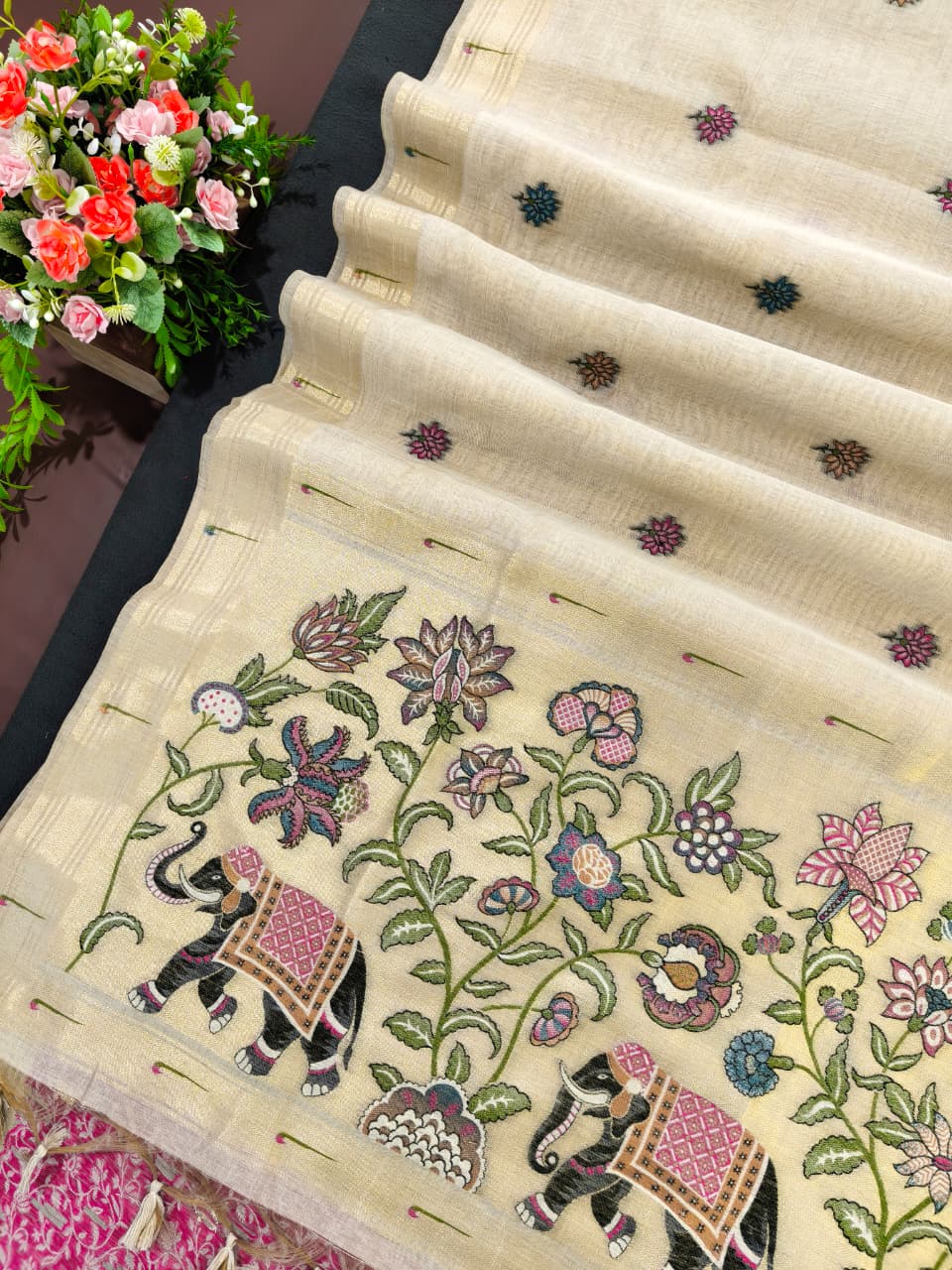 Beige Premium Muga Cotton Paithani Resham Weaved Saree