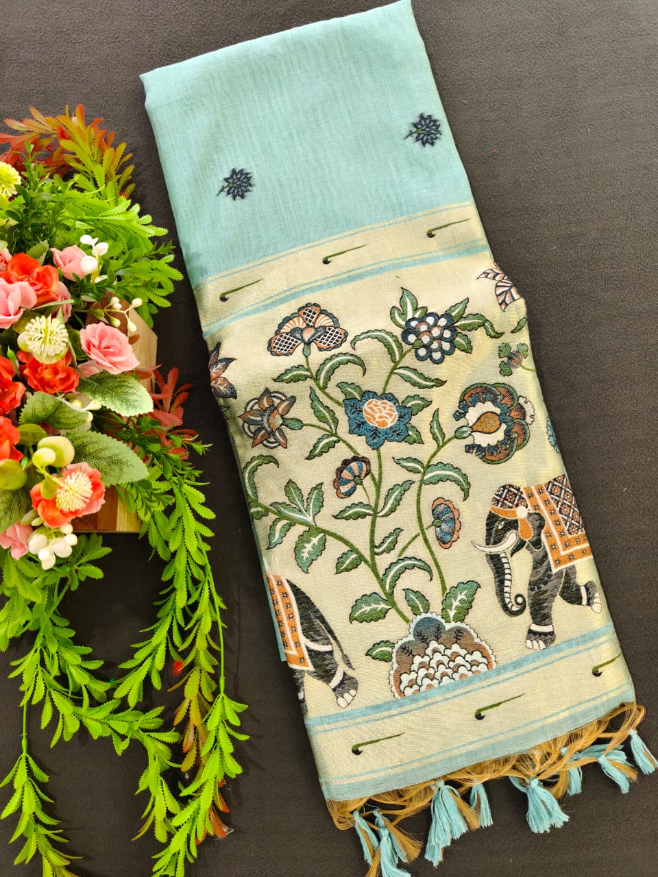 Sky Blue Premium Muga Cotton Paithani Resham Weaved Saree