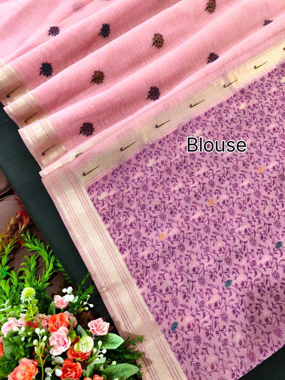 Pink Premium Muga Cotton Paithani Resham Weaved Saree