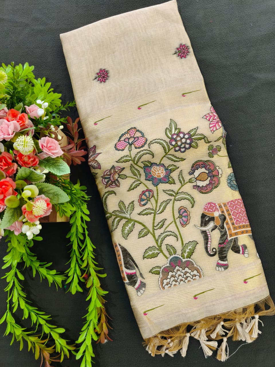 Beige Premium Muga Cotton Paithani Resham Weaved Saree