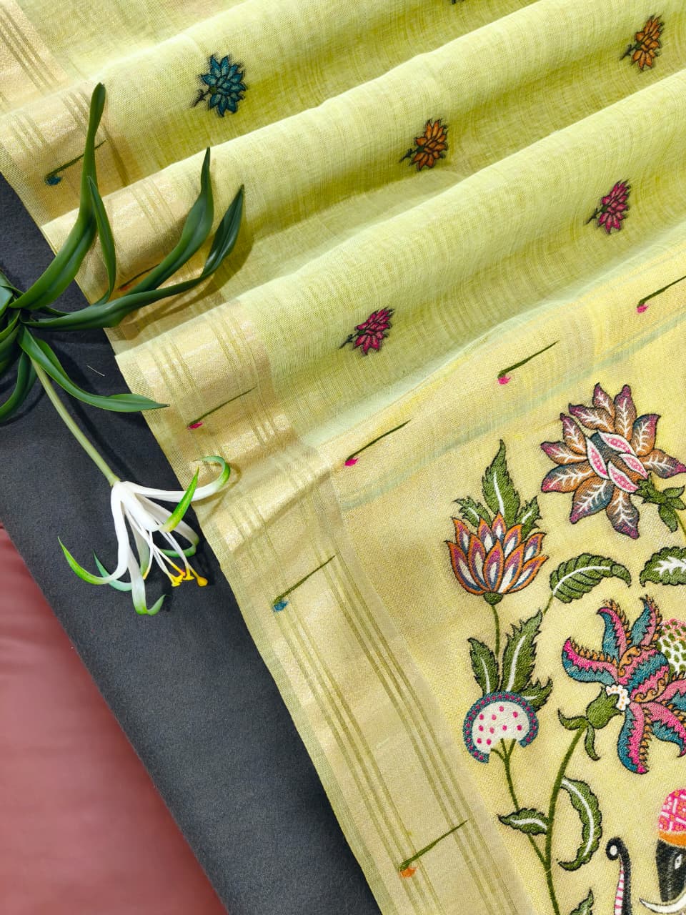 Olive Green Premium Muga Cotton Paithani Resham Weaved Saree