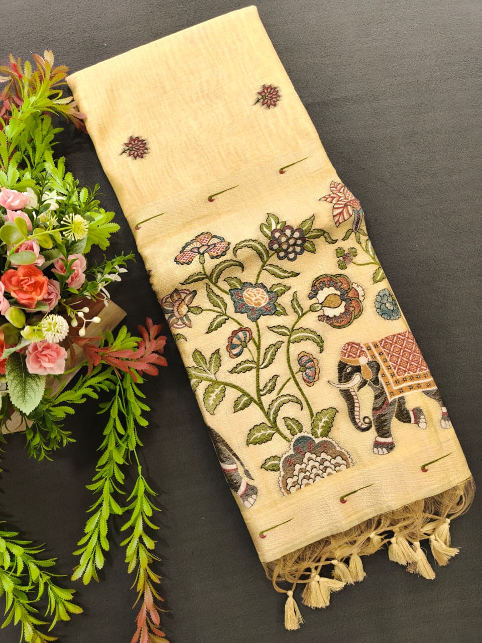 Cream Premium Muga Cotton Paithani Resham Weaved Saree