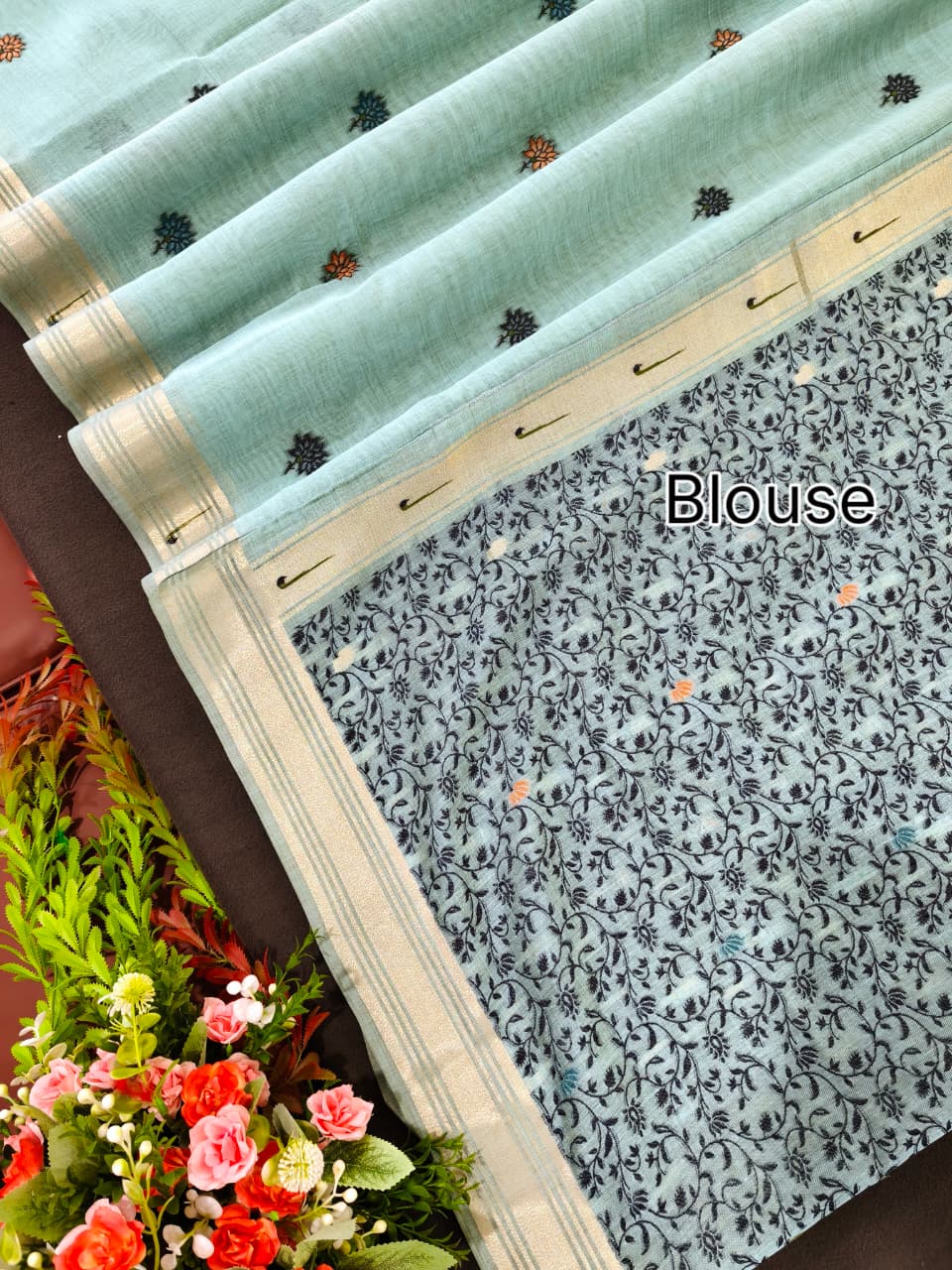 Sky Blue Premium Muga Cotton Paithani Resham Weaved Saree