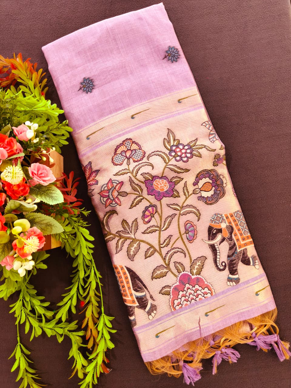 Purple Premium Muga Cotton Paithani Resham Weaved Saree