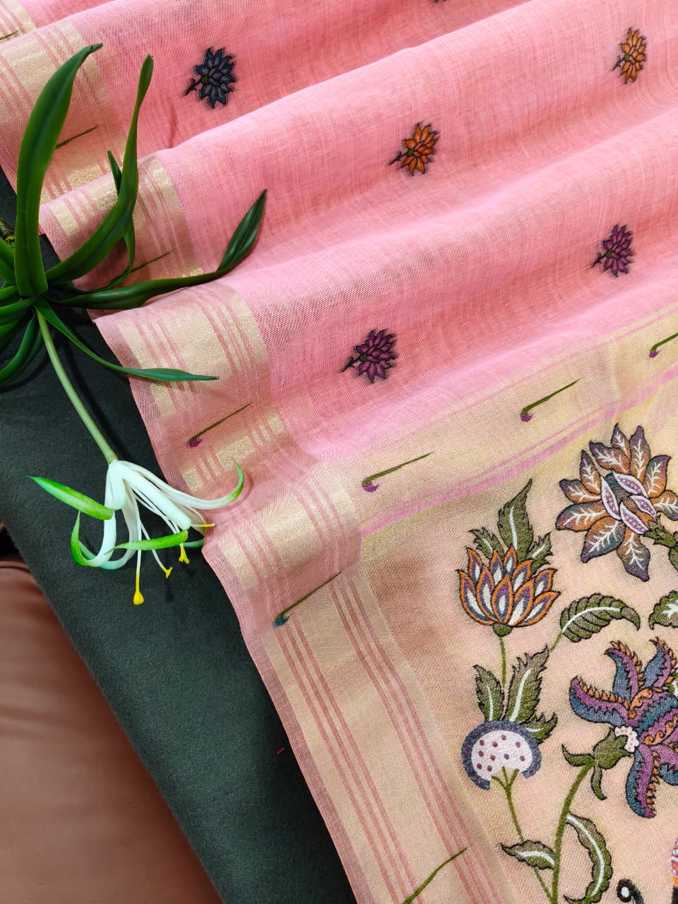 Pink Premium Muga Cotton Paithani Resham Weaved Saree