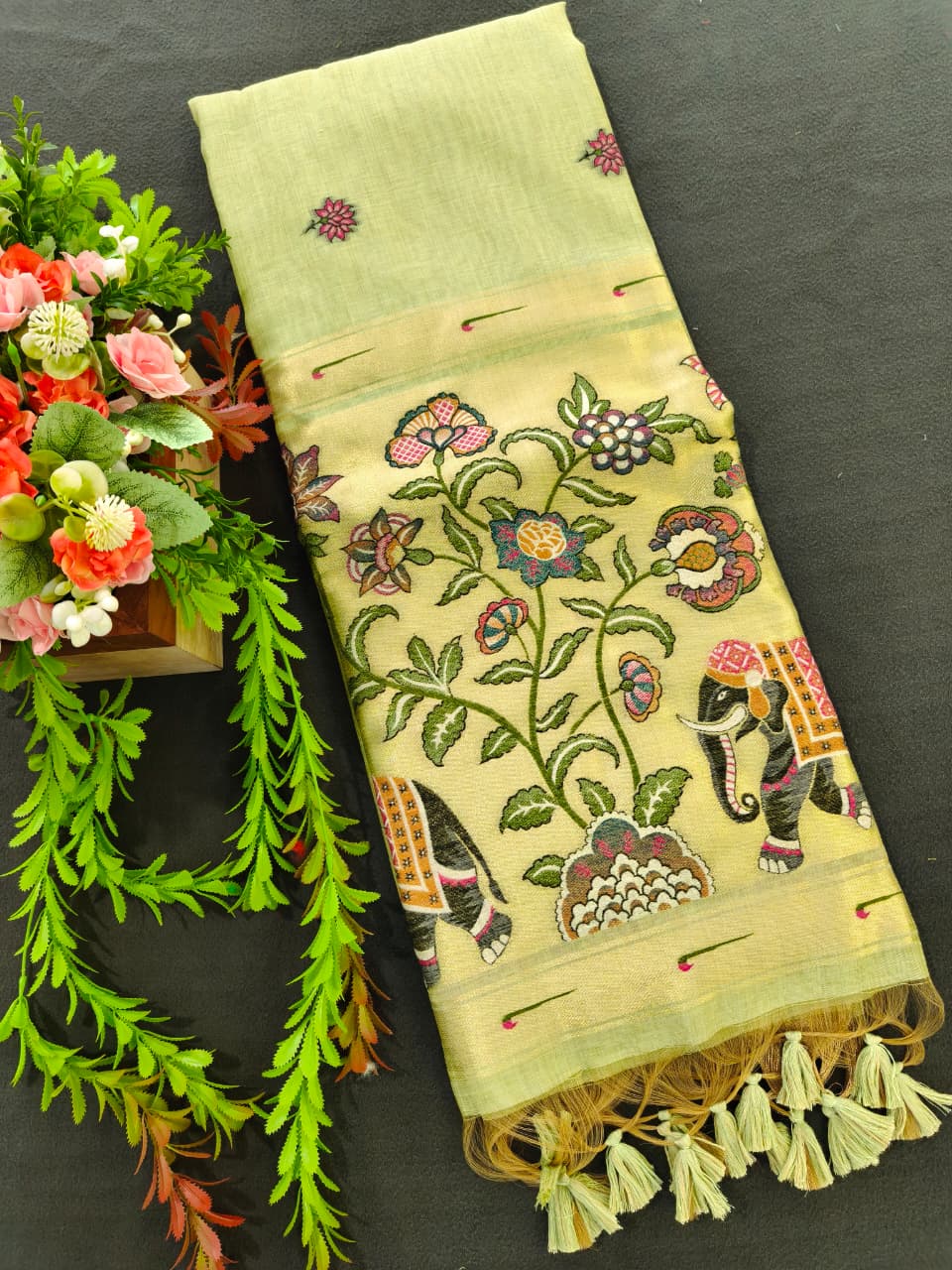 Olive Green Premium Muga Cotton Paithani Resham Weaved Saree