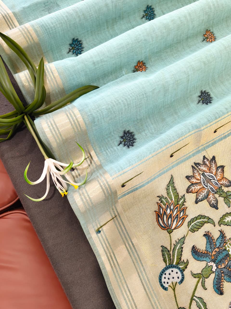 Sky Blue Premium Muga Cotton Paithani Resham Weaved Saree