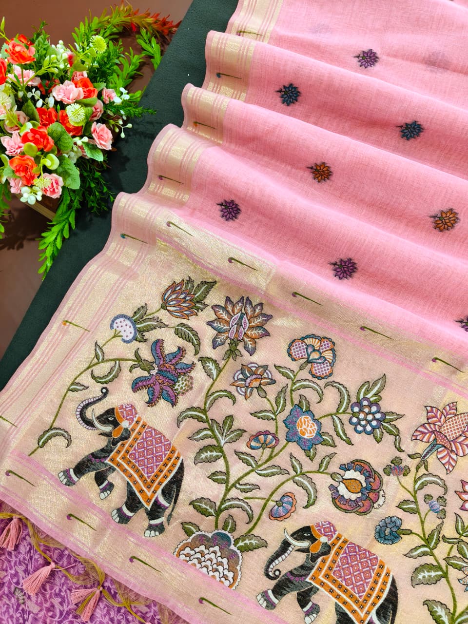 Pink Premium Muga Cotton Paithani Resham Weaved Saree