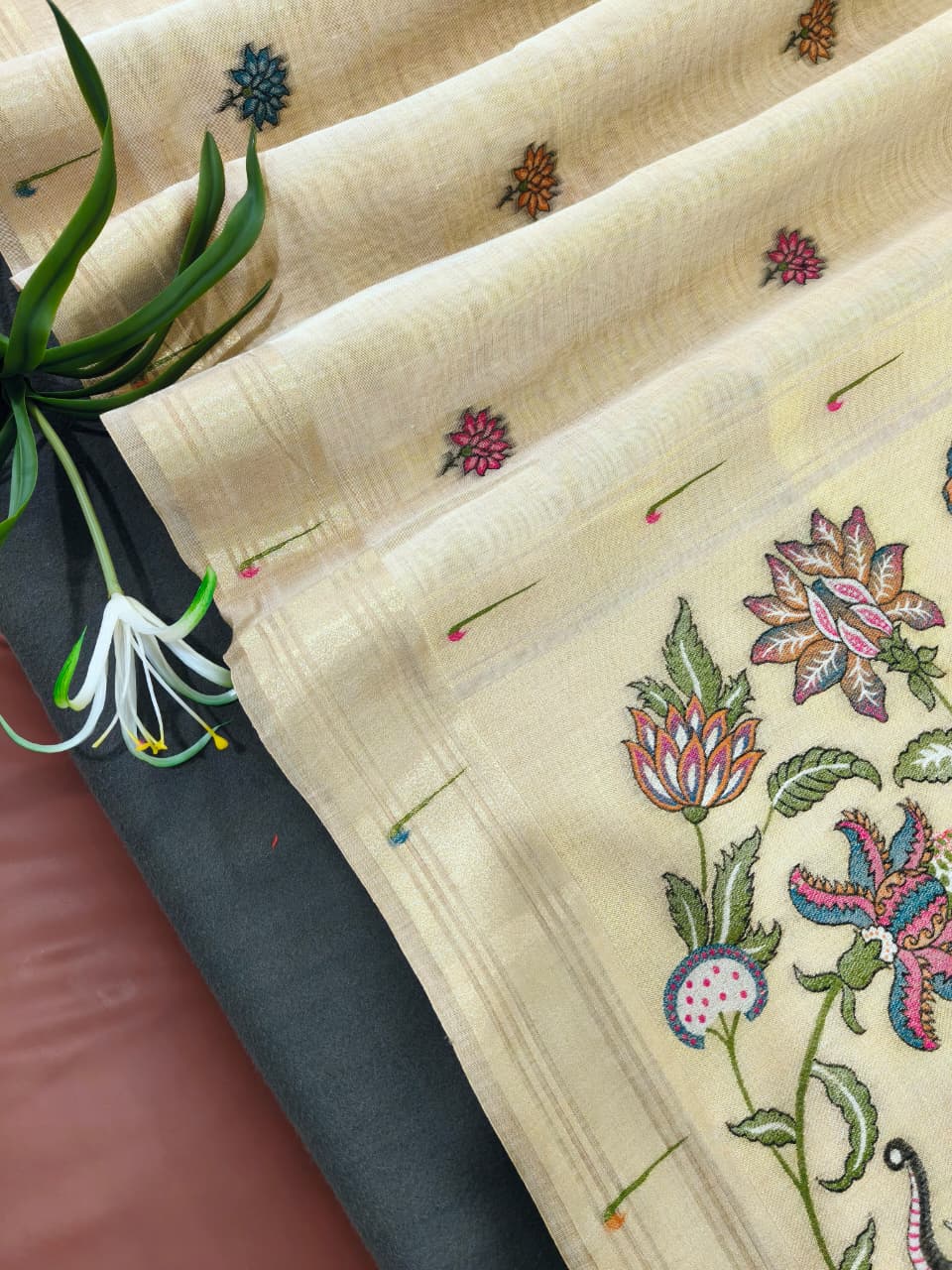 Beige Premium Muga Cotton Paithani Resham Weaved Saree