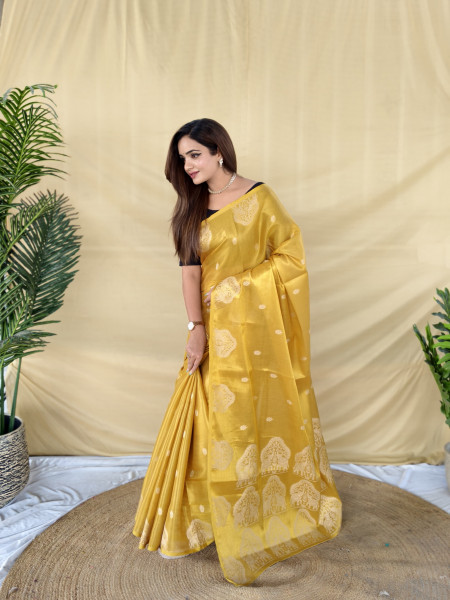 Image of Yellow Premium Banarasi Zari Tissue Weaved Saree