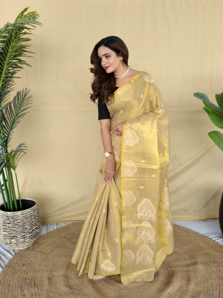 Image of Cream Premium Banarasi Zari Tissue Weaved Saree