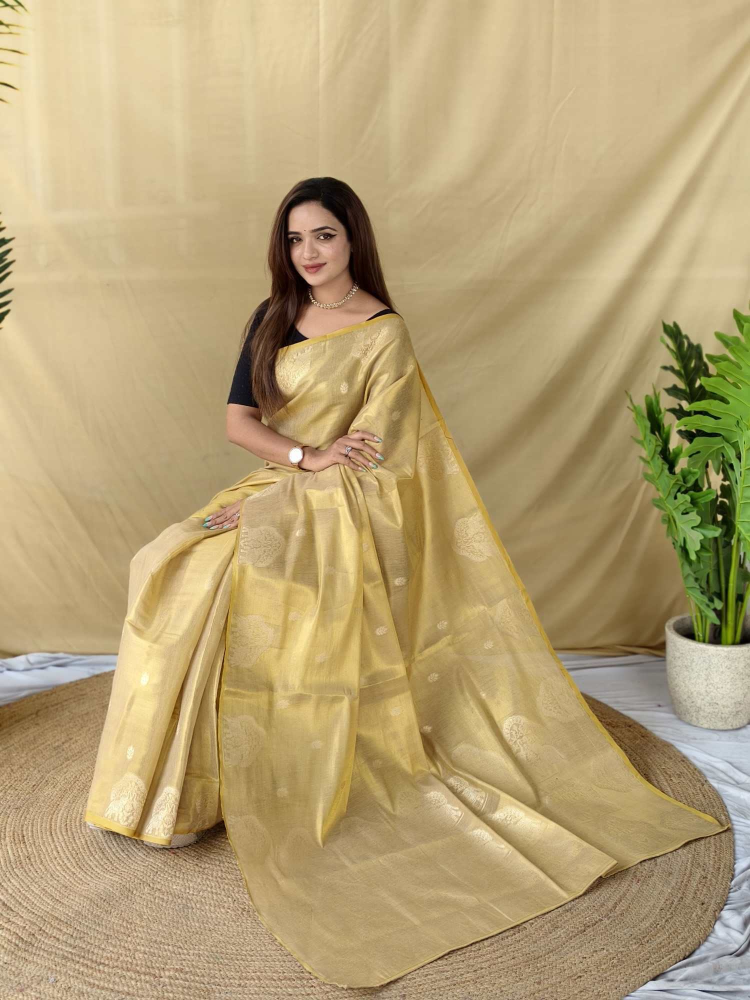 Cream Premium Banarasi Zari Tissue Weaved Saree