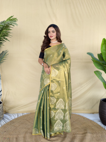 Image of Green Premium Banarasi Zari Tissue Weaved Saree
