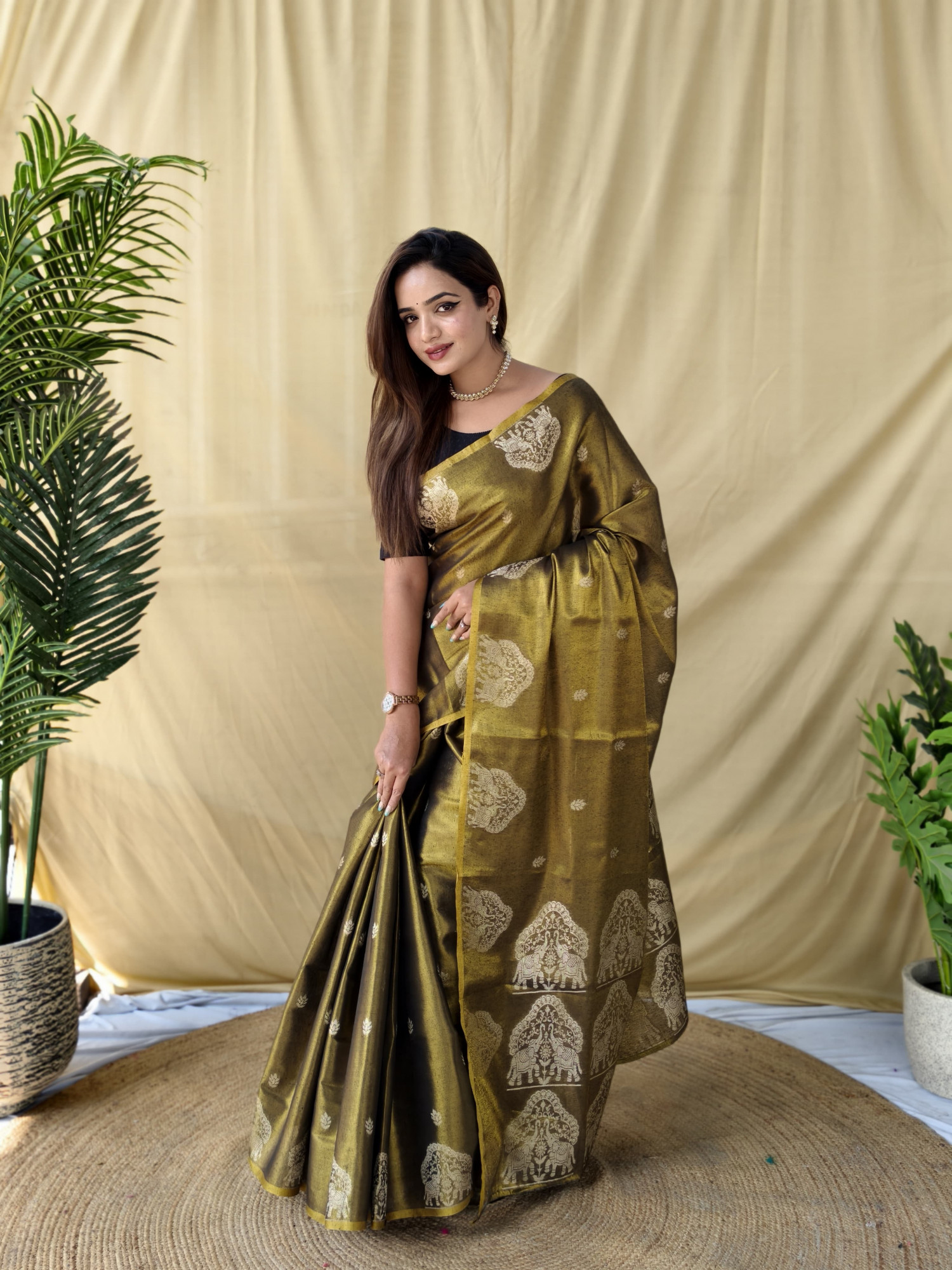 Dark Mehendi Premium Banarasi Zari Tissue Weaved Saree