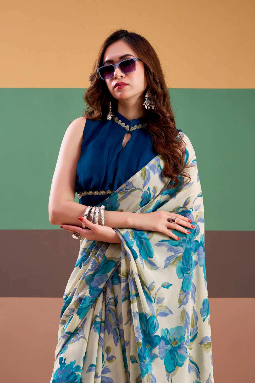 Sky Blue Satin Silk Floral Printed Comes With Stitched Blouse Piece