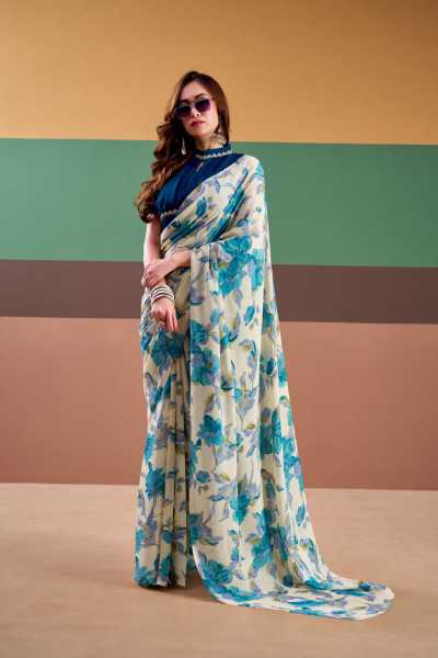 Image of Sky Blue Satin Silk Floral Printed Comes With Stitched Blouse Piece