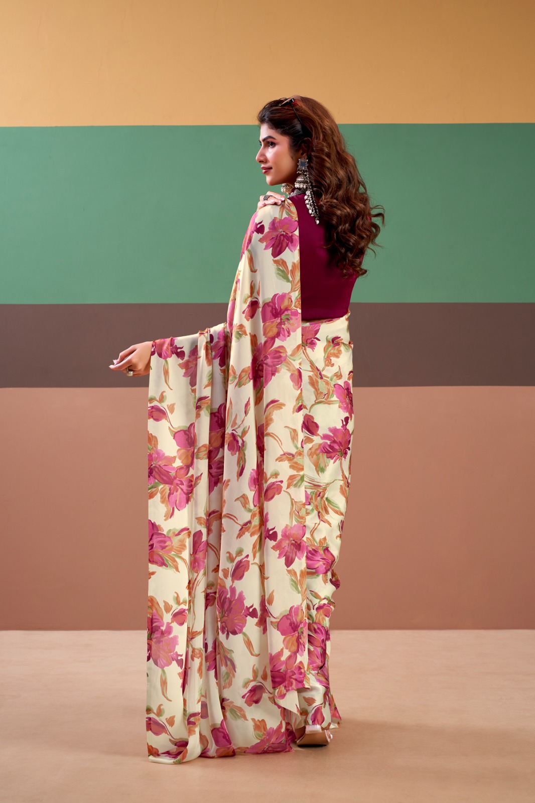 Maroon Satin Silk Floral Printed Comes With Stitched Blouse Piece