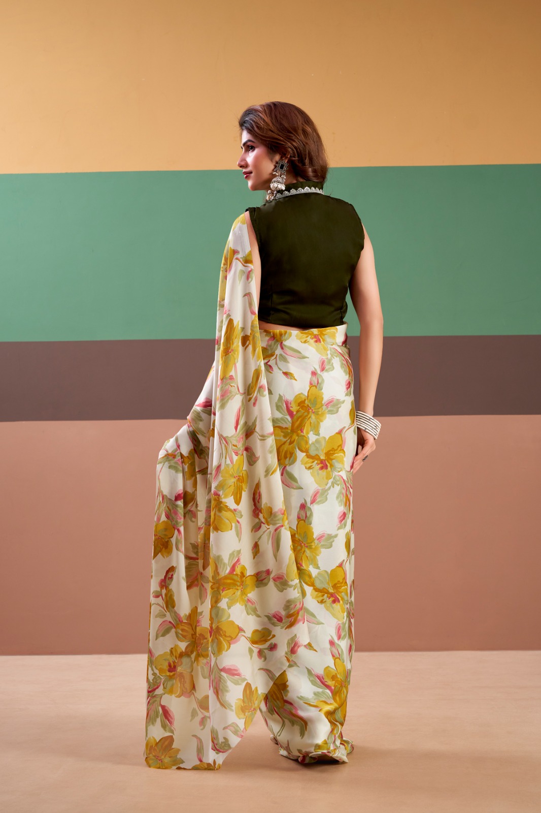 Mustard Satin Silk Floral Printed Comes With Stitched Blouse Piece