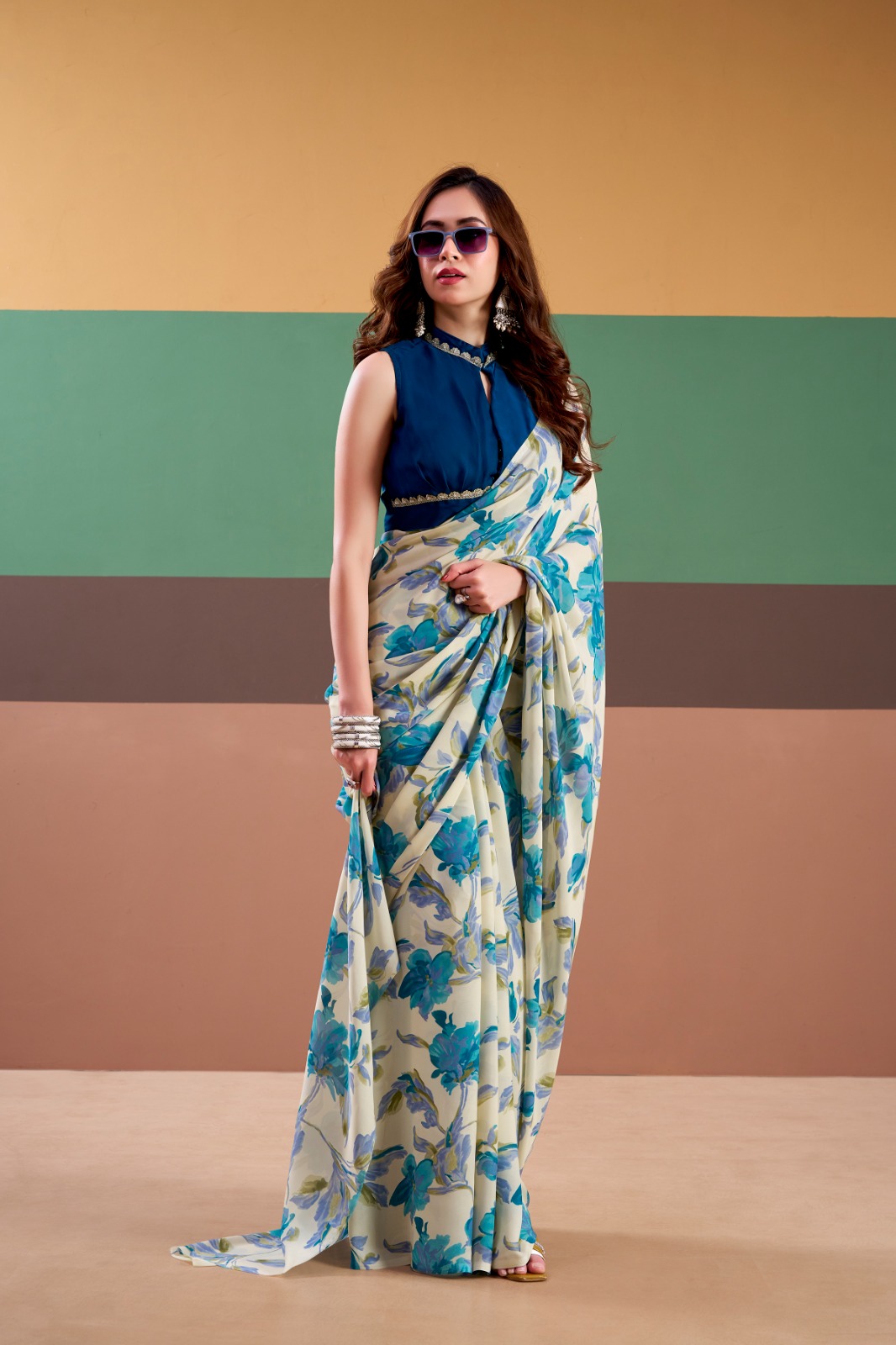 Sky Blue Satin Silk Floral Printed Comes With Stitched Blouse Piece
