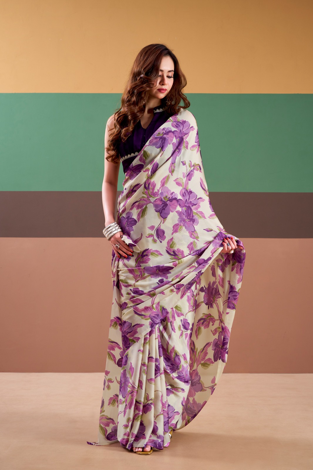 Purple Satin Silk Floral Printed Comes With Stitched Blouse Piece