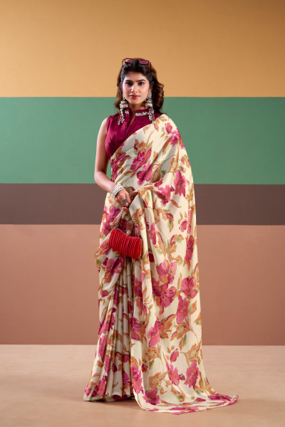 Image of Maroon Satin Silk Floral Printed Comes With Stitched Blouse Piece