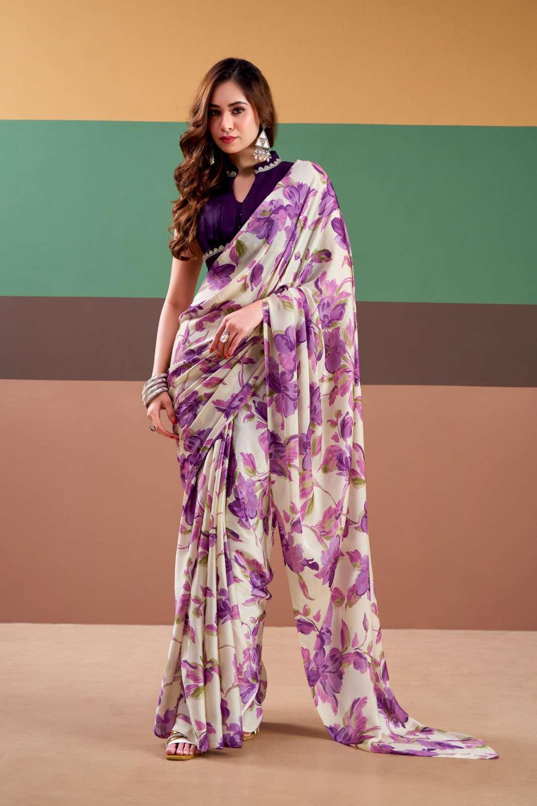 Purple Satin Silk Floral Printed Comes With Stitched Blouse Piece
