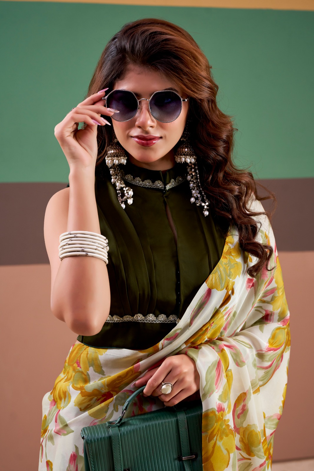Mustard Satin Silk Floral Printed Comes With Stitched Blouse Piece