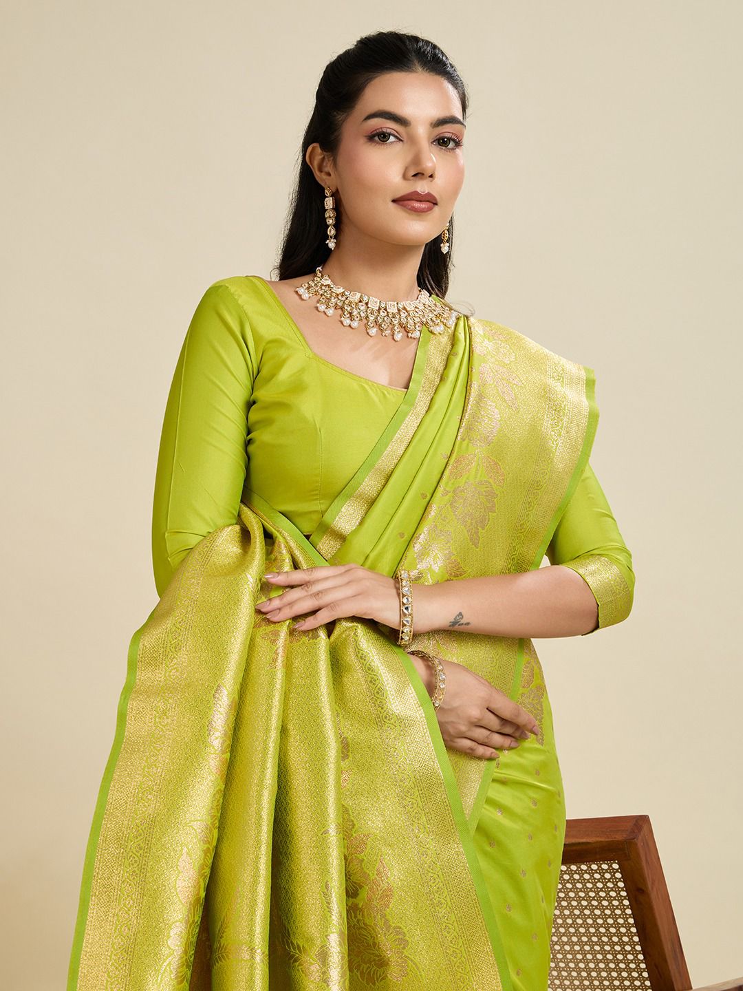 Lime Green Soft Kanjivaram Silk Zari Weaved Pallu Border Saree